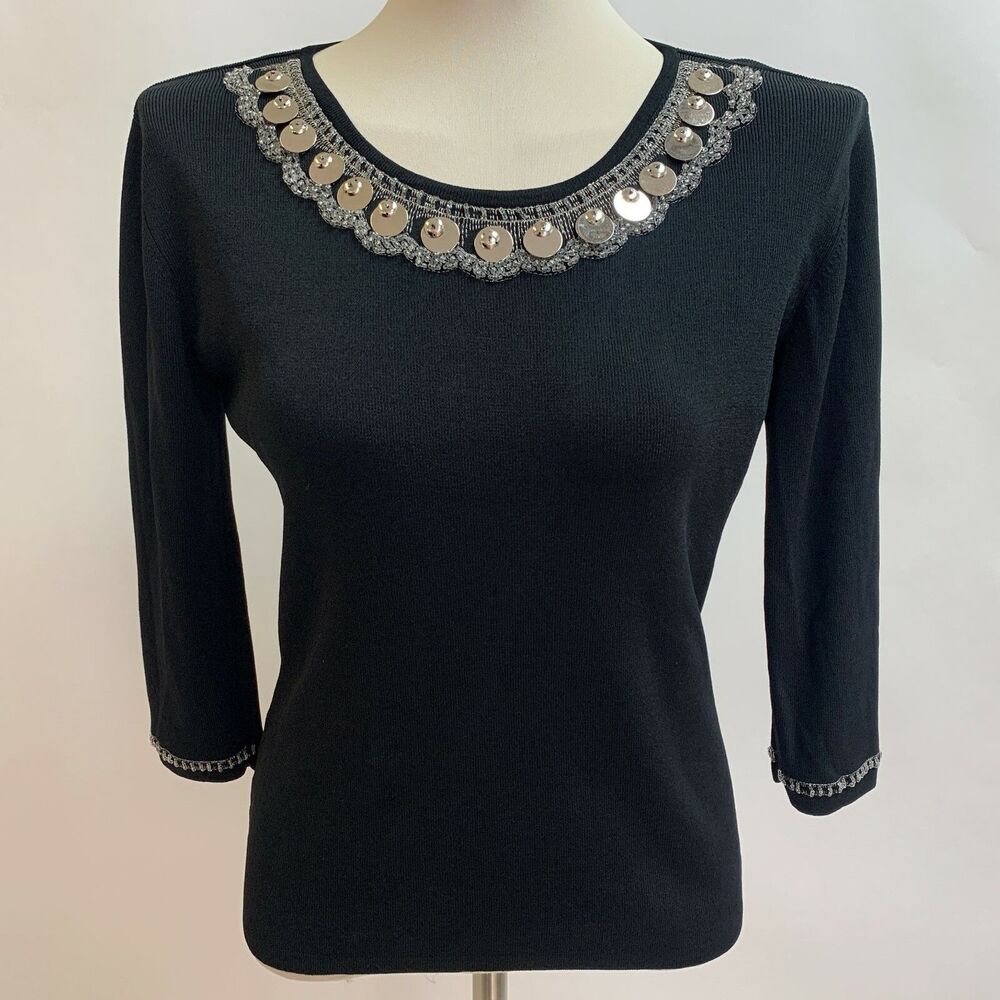 Joseph A. Women's Knit Top Large Black‎ Silver Beaded
